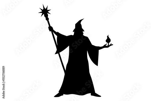 A wizard casting a spell with a glowing staff flat vector style silhouette