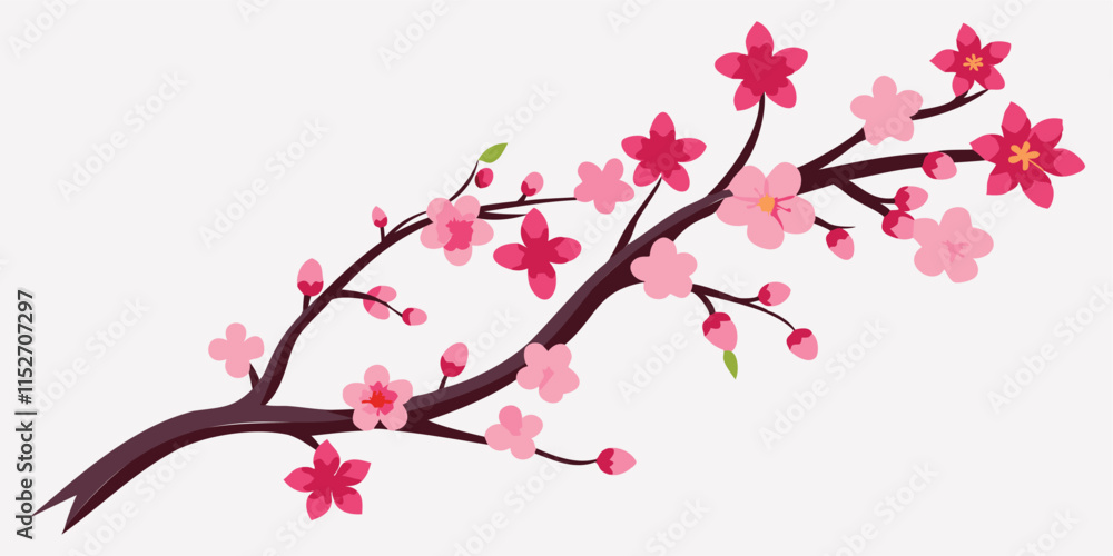 Fototapeta premium peach tree branch with many pink flowers on the corner illustration