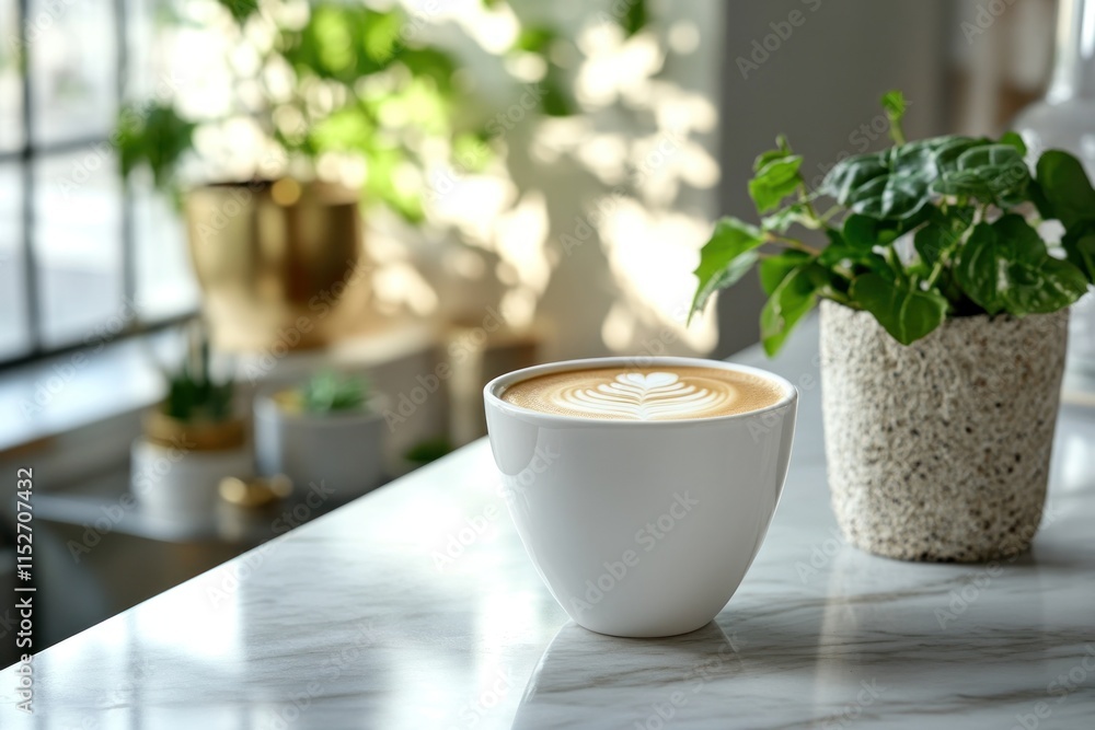 A cozy scene featuring a latte with latte art beside a potted plant on a marble surface. A cozy scene featuring a latte with latte art beside a potted plant on a marble surface.