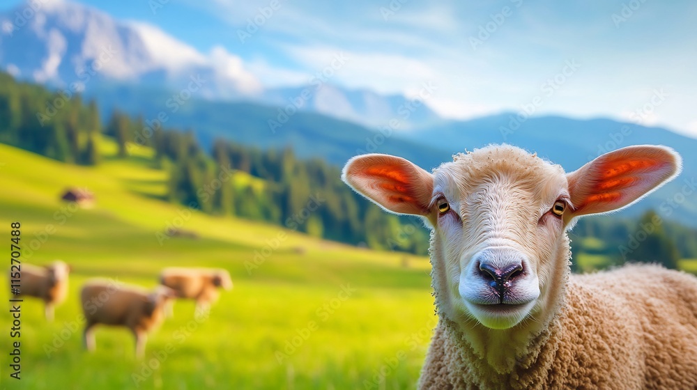 Fototapeta premium Cute Fluffy Sheep Grazing in Lush Alpine Meadow with Mountain Backdrop