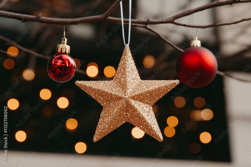 closeup of a Christmas tree branch with ornaments and decorations, including a glowing star, iridescent snowflakes and wooden figures, with copy space. closeup of a Christmas tree branch with ornaments and decorations, including a glowing star, iridescent snowflakes and wooden figures, with copy space.