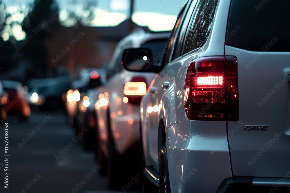 White SUV in traffic jam at dusk, rear view, red taillights. White SUV in traffic jam at dusk, rear view, red taillights.