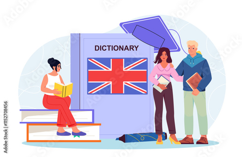 Students learn English. Man and woman near grammar textbook with British flag. Education and training. Tourists preparing for travel Students preparing for test or exam. Flat vector illustration