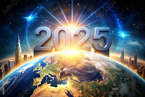 Digital 2025 text over Earth and stars, representing futuristic ideas, technology, and global connectivity photo