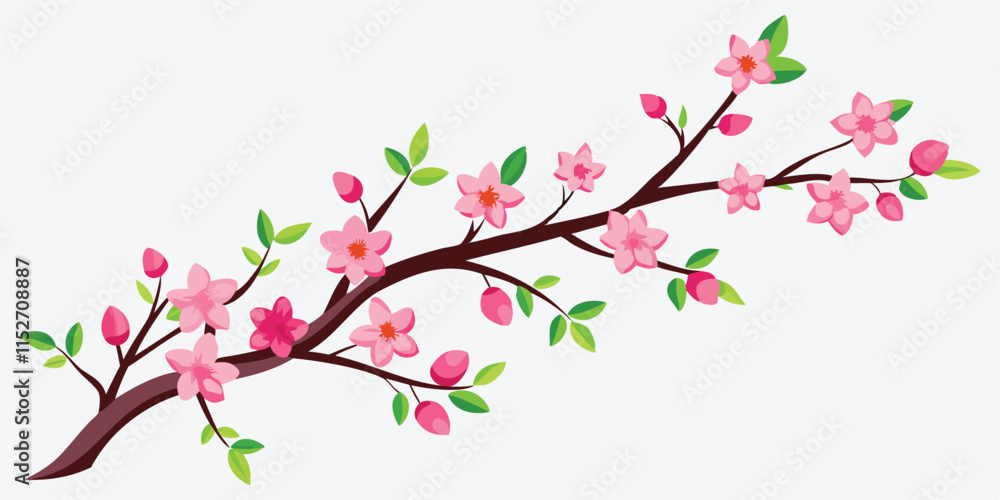 Fototapeta premium peach tree branch with many pink flowers on the corner illustration