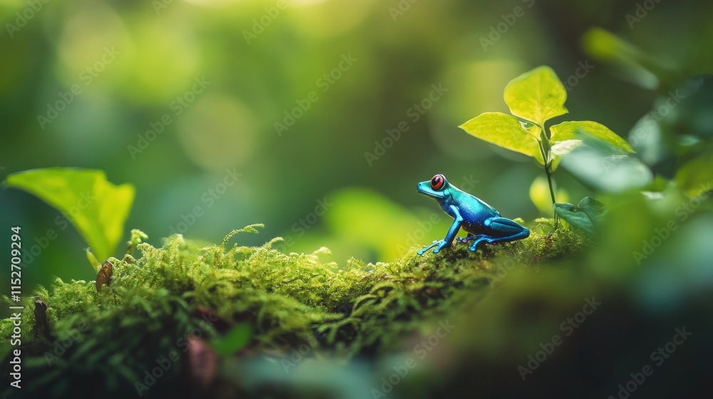 A vibrant blue frog perched on moss in a lush green environment. A vibrant blue frog perched on moss in a lush green environment.