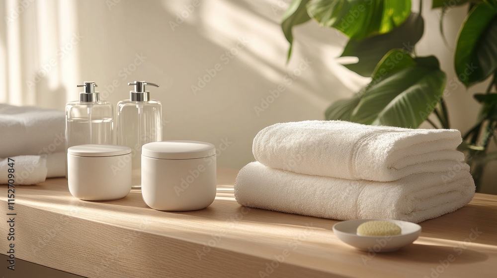 A serene spa setup featuring towels, jars, and natural light. A serene spa setup featuring towels, jars, and natural light.