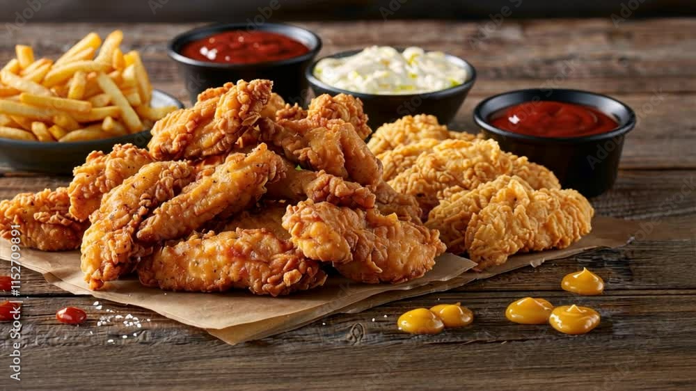 Crispy fried chicken tenders with fries, coleslaw, and sauces create delicious comfort food meal, perfect for sharing or enjoying as satisfying snack. Crispy fried chicken tenders with fries, coleslaw, and sauces create delicious comfort food meal, perfect for sharing or enjoying as satisfying snack.