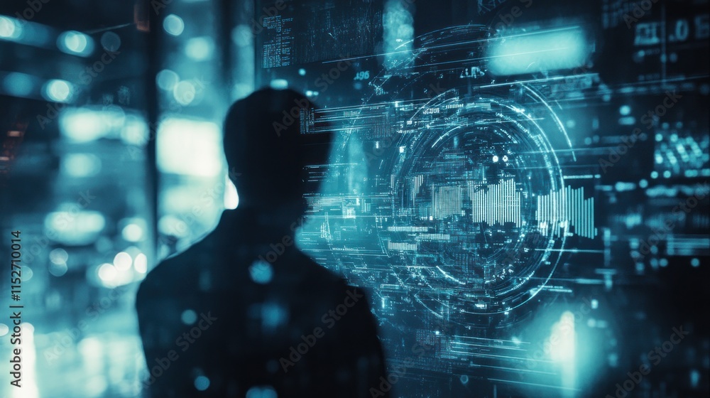 A silhouette of a person interacting with a digital interface of data and technology. A silhouette of a person interacting with a digital interface of data and technology.