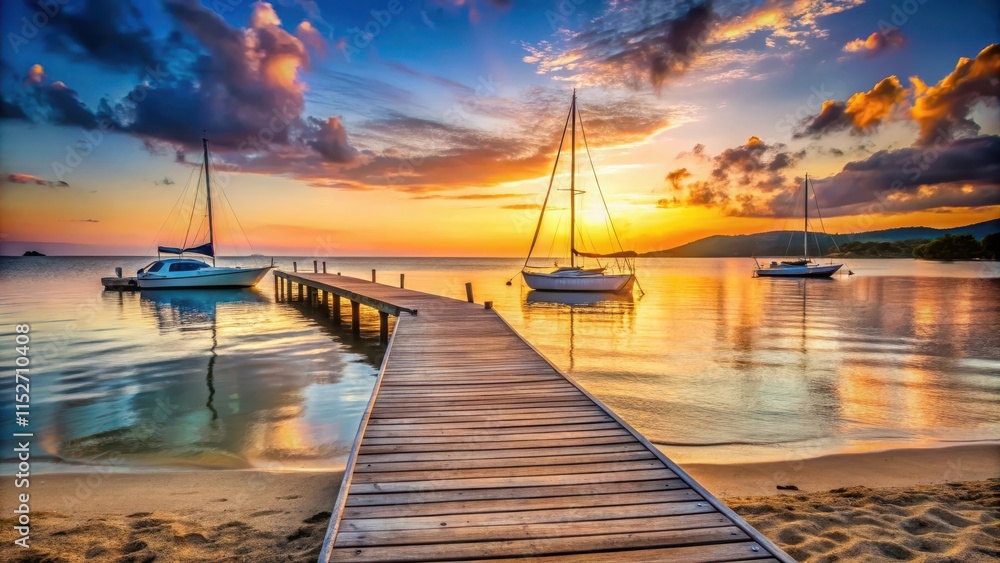 Obraz premium A scenic beach at sunset with a wooden pier and sailboats docked, scenery, background, scenery, background, colors, scenery