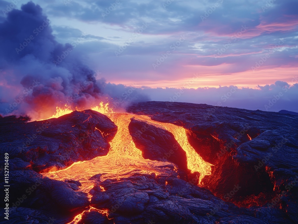 Fototapeta premium Molten lava flows across volcanic rock at sunset, billowing smoke in the air.