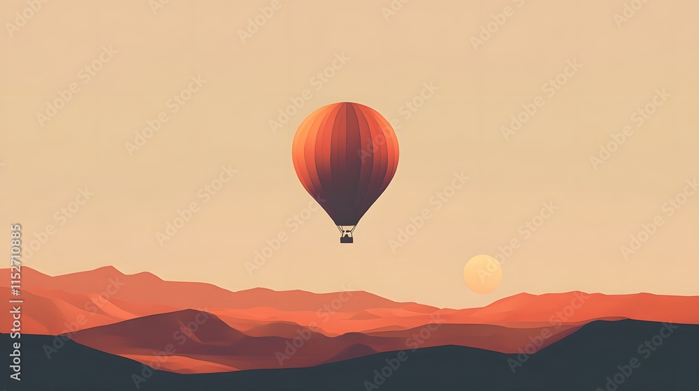 Fototapeta premium Hot Air Balloon Soaring Over Desert Landscape At Sunset
