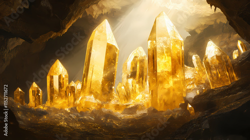 Golden quartz crystals in a cave shinning from natural sun light. Quartz. Illustration photo