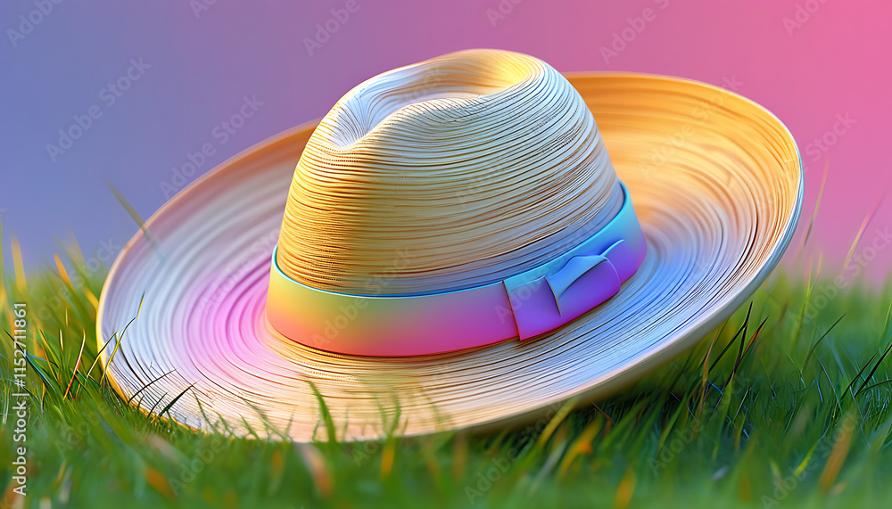 colorful straw hat rests on vibrant green grass, showcasing ombre effect with pastel hues. This stylish accessory adds cheerful touch to any outdoor setting colorful straw hat rests on vibrant green grass, showcasing ombre effect with pastel hues. This stylish accessory adds cheerful touch to any outdoor setting
