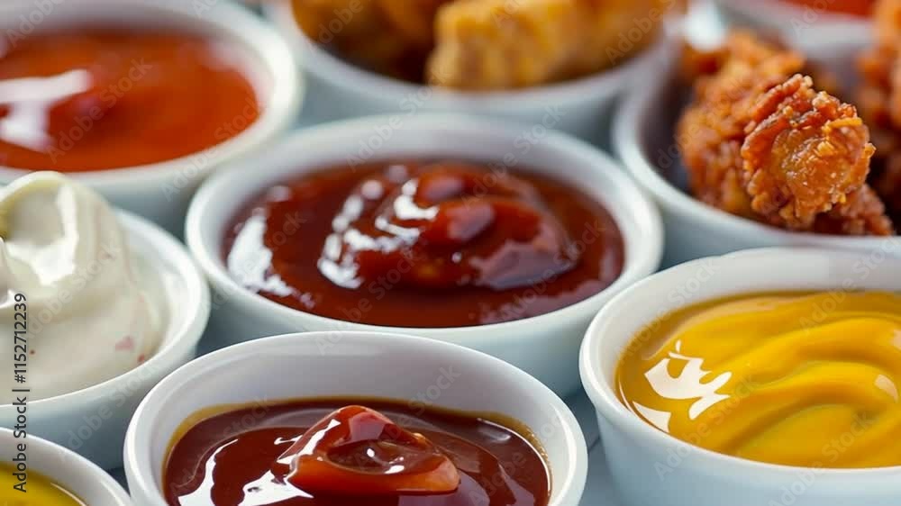 Delicious assortment of savory sauces and dips in small bowls, including ketchup, mustard, and mayonnaise, perfect for enhancing your food and snack experience. Delicious assortment of savory sauces and dips in small bowls, including ketchup, mustard, and mayonnaise, perfect for enhancing your food and snack experience.