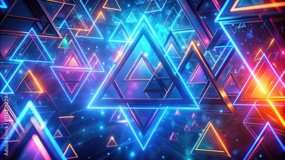 Animated triangles moving in harmony on a blue glowing background, creating a mesmerizing display of geometric shapes and vibrant colors , blue glow, colorful Animated triangles moving in harmony on a blue glowing background, creating a mesmerizing display of geometric shapes and vibrant colors , blue glow, colorful