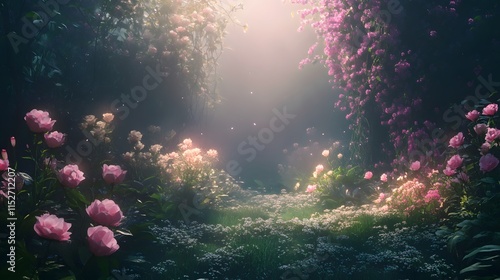 Wallpaper Mural A beautiful garden at night with glowing flowers and soft mist hovering above the ground Torontodigital.ca