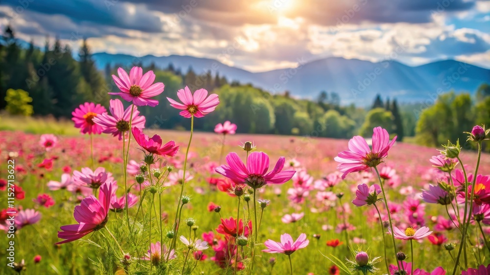 A lush meadow filled with vibrant pink wildflowers swaying gently in the breeze on a warm summer day A lush meadow filled with vibrant pink wildflowers swaying gently in the breeze on a warm summer day