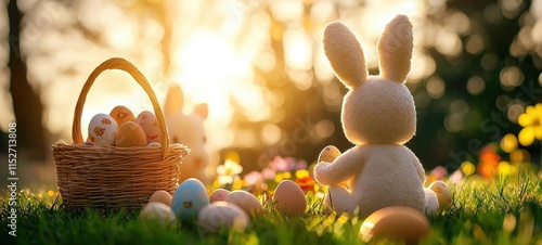 Easter celebration with bunny and colorful eggs outdoor garden photography springtime close-up joyful moments photo