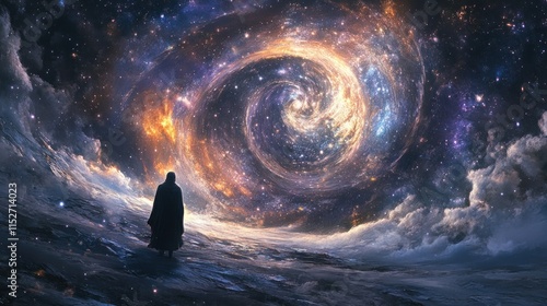 Cosmic Wanderer: A Solitary Figure Contemplates the Celestial Vortex photo