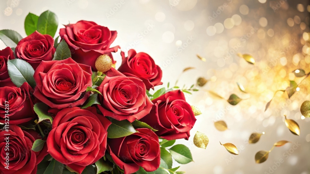 A delicate bouquet of red roses with golden petals and green leaves is placed on a soft, white background, filling the air with romance and love, floral arrangement, heart symbol A delicate bouquet of red roses with golden petals and green leaves is placed on a soft, white background, filling the air with romance and love, floral arrangement, heart symbol