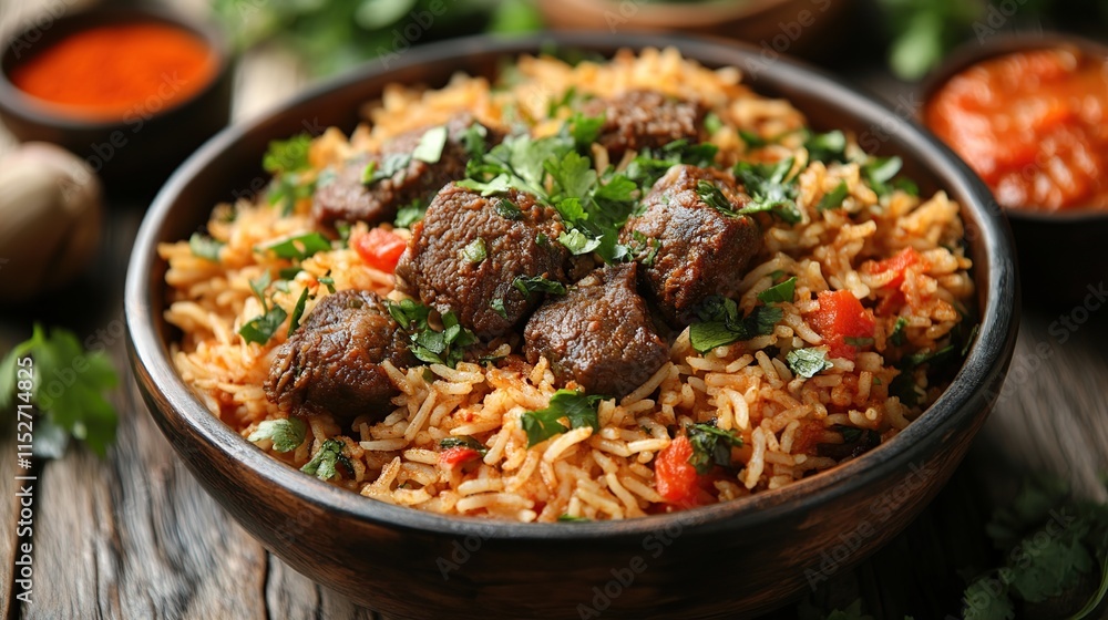 Delicious beef and rice dish in a rustic bowl, garnished with fresh parsley. Delicious beef and rice dish in a rustic bowl, garnished with fresh parsley.