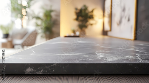 A close-up view of a sturdy,resilient sintered stone slab resting on a modern table,showcasing the material's exceptional strength,durability and weathered natural texture. Quartz. Illustration photo