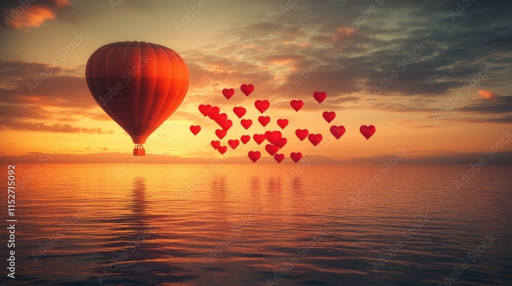 Fototapeta premium Hot air balloon and heart-shaped balloons at sunset over calm water.