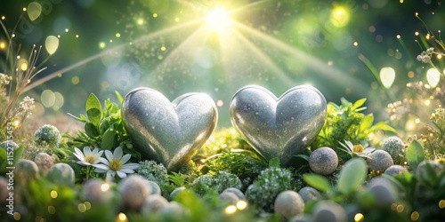 Glittering silver hearts are nestled among lush greenery and flowers, surrounded by a halo of soft light, love photo