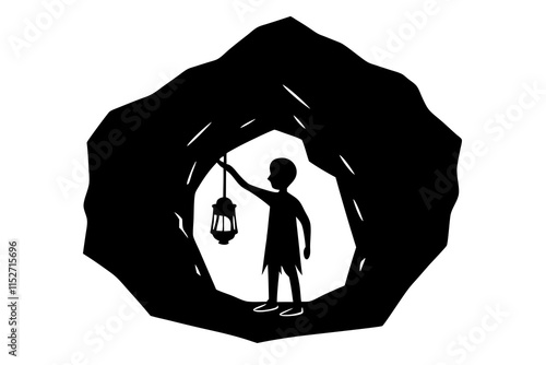 A person holding a lantern in a dark cave, flat vector art silhouette illustration on white background