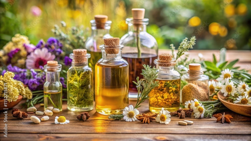 Aromatic oils in a glass bottle with dried herbs and flowers on a wooden table , natural healing Aromatic oils in a glass bottle with dried herbs and flowers on a wooden table , natural healing