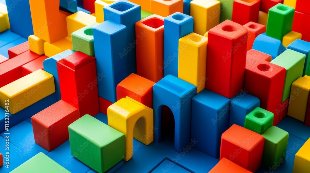 A creative block-building setup with colorful bricks arranged artistically, Contemporary construction style, photo of A creative block-building setup with colorful bricks arranged artistically, Contemporary construction style, photo of