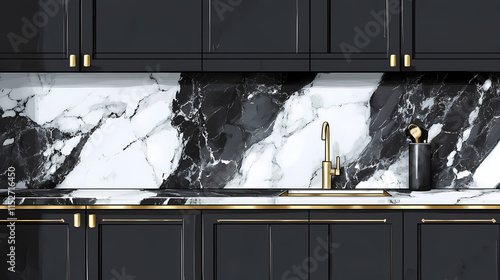 Chic and up-to-date kitchen featuring stylish monochrome cabinets, golden hardware, and marble backsplash. Quartz. Illustration photo