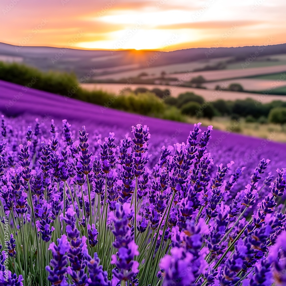Fototapeta premium Artistic Capture of Lavender Fields at Sunset with Clean White Style