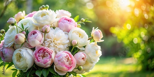 Fototapeta Naklejka Na Ścianę i Meble -  Gentle floral wave with delicate white peonies and soft pink roses in a beautiful garden