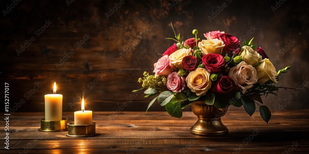 Obraz premium Dark wood table with lush rose bouquet and golden candlelight, decor, floral arrangement, decor