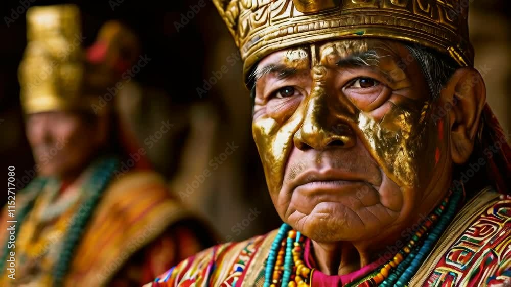 An Incan emperor wearing a gold mask and a tunic, his face showing calm authority. An Incan emperor wearing a gold mask and a tunic, his face showing calm authority.