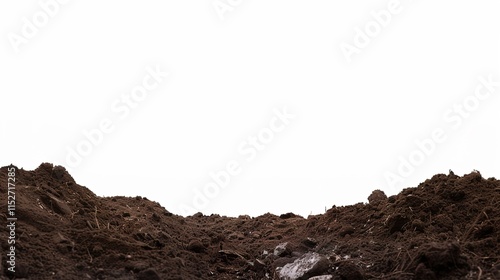 White background with a significant dirt pile of soil standing out, Pure earthy substance in a simple setting, Dirt pile showing natural texture and color of soil, Earthy element on plain white