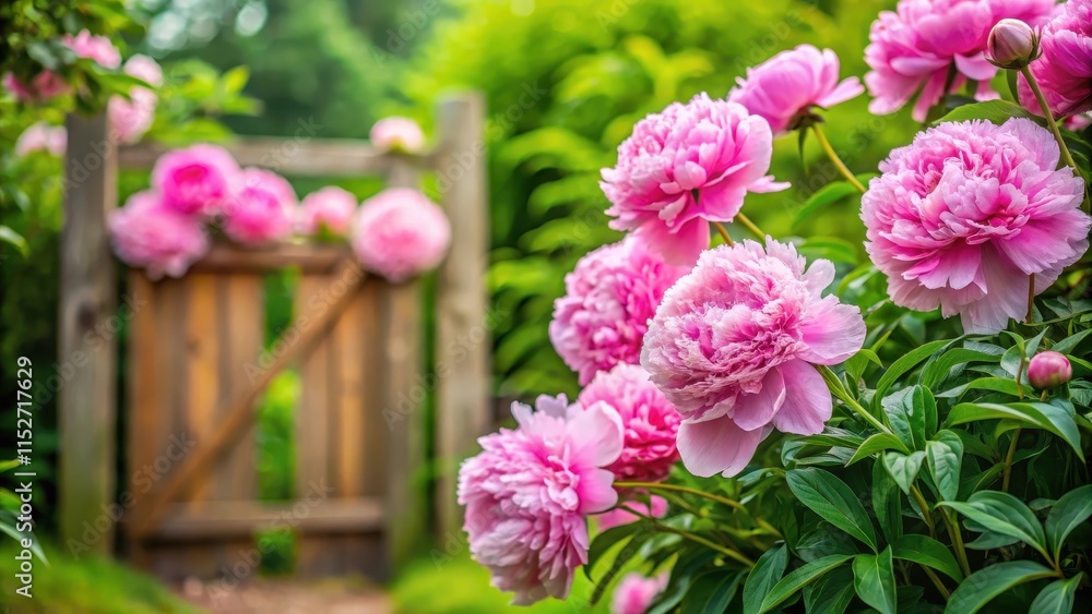 Soft focus on a cluster of fluffy pink peonies flowers in a lush green garden with a subtle wooden gate background, garden decor, spring flowers Soft focus on a cluster of fluffy pink peonies flowers in a lush green garden with a subtle wooden gate background, garden decor, spring flowers