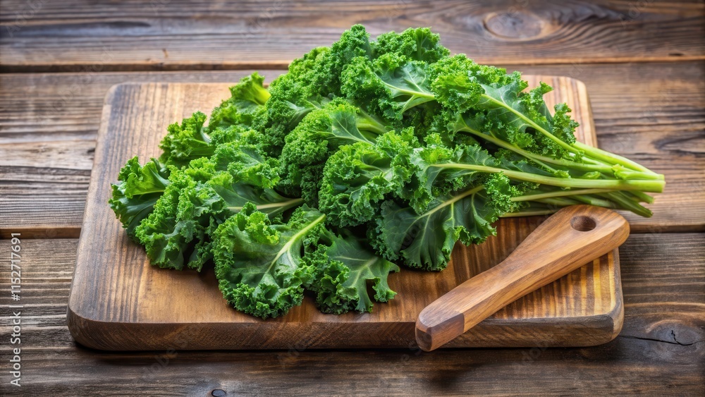 Freshly picked organic kale leaves with stems and curly fronds on a wooden cutting board, ready for salad or smoothie, leafy greens, fresh ingredients Freshly picked organic kale leaves with stems and curly fronds on a wooden cutting board, ready for salad or smoothie, leafy greens, fresh ingredients