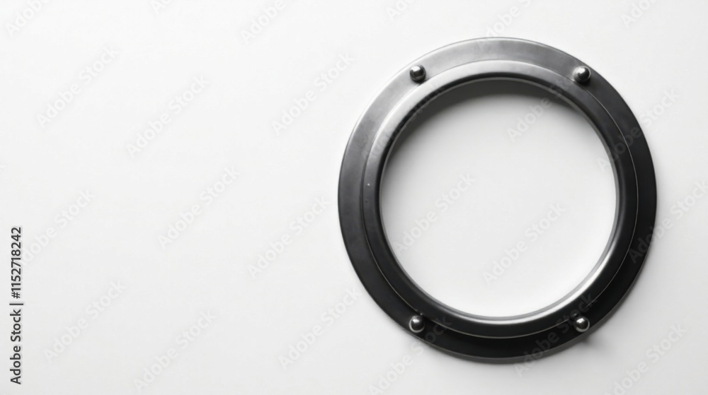 Circular metallic frame on white background, minimalist design element, perfect for modern interiors or industrial aesthetics Circular metallic frame on white background, minimalist design element, perfect for modern interiors or industrial aesthetics