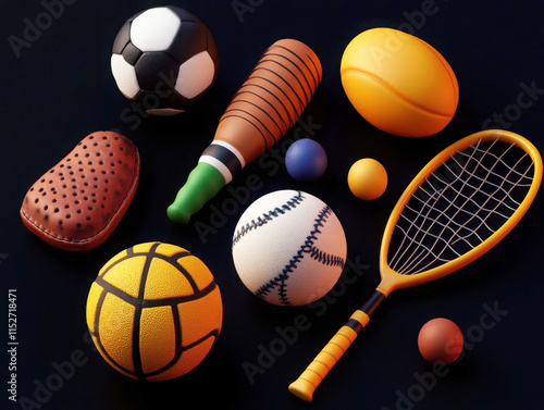 A collection of assorted sports balls and equipment on display. photo