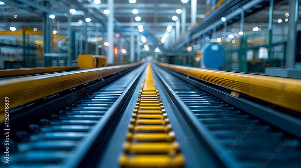 Fototapeta premium Industrial Workshop with Rails and Machinery in Modern Factory Setting