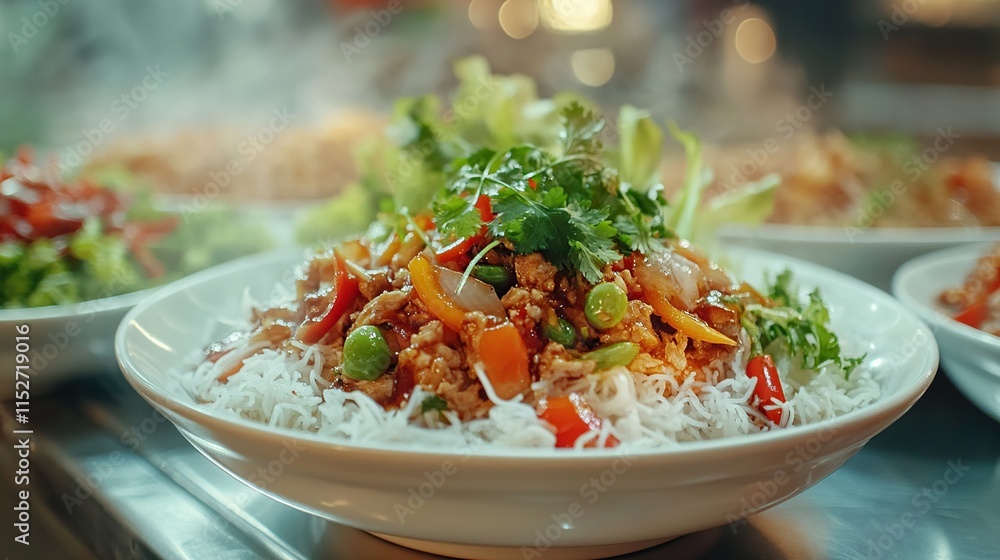 Steaming bowls of delicious rice noodles with savory ground meat, vegetables, and herbs. Steaming bowls of delicious rice noodles with savory ground meat, vegetables, and herbs.