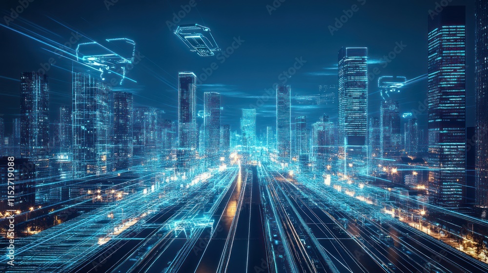 Naklejka premium A futuristic cityscape with digital elements and light trails depicting advanced technology.