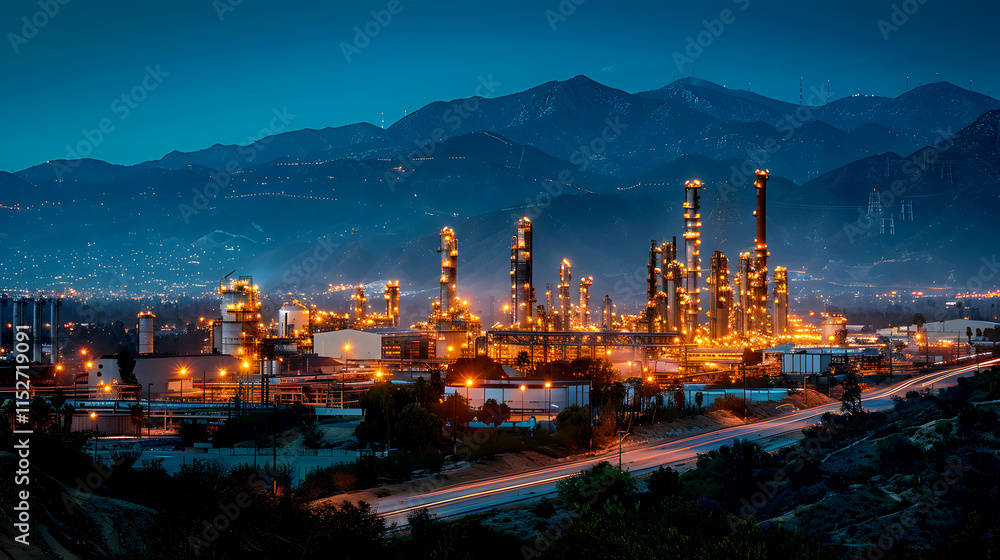 Fototapeta premium Nighttime Industrial Landscape with Refineries and Mountain Backdrop