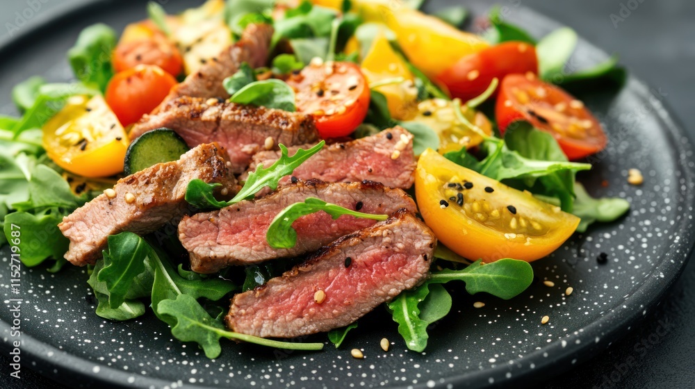 Delicious Steak Salad with Cherry Tomatoes and Cucumber Delicious Steak Salad with Cherry Tomatoes and Cucumber