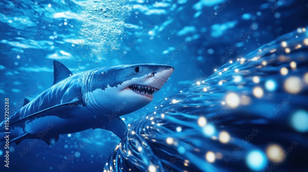 Fototapeta premium Great White Shark Encountering Underwater Light Fibers