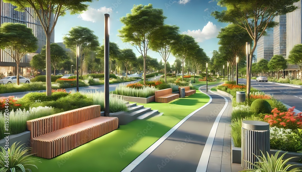 A modern city park with clean pathways, benches, and lush greenery A modern city park with clean pathways, benches, and lush greenery