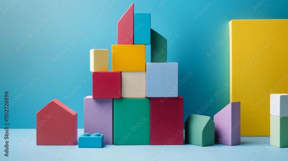 Obraz premium A creative building blocks scene in a minimalist studio, Colorful blocks arranged in a pattern, Contemporary artistry style